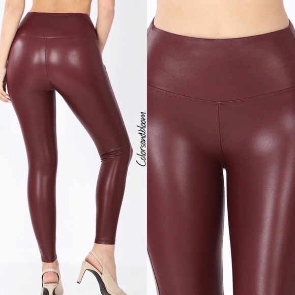 Faux  Leather Leggings- DARK BURGUNDY - Picture 4 of 4